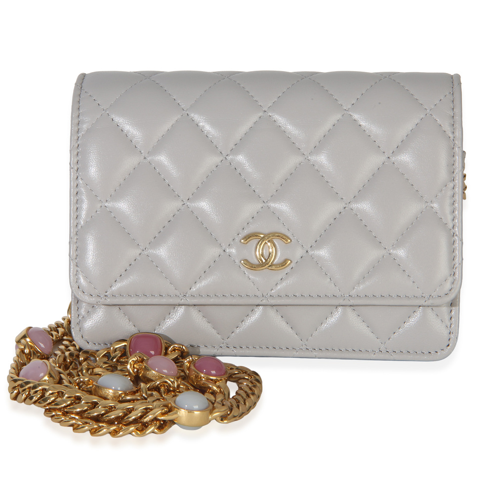 Chanel Grey Quilted Lambskin Jeweled Mini Wallet On Chain